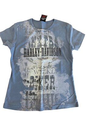 Harley Davidson Y2K Blue Short Sleeve T-Shirt Graphic Biker Top Women's Size M